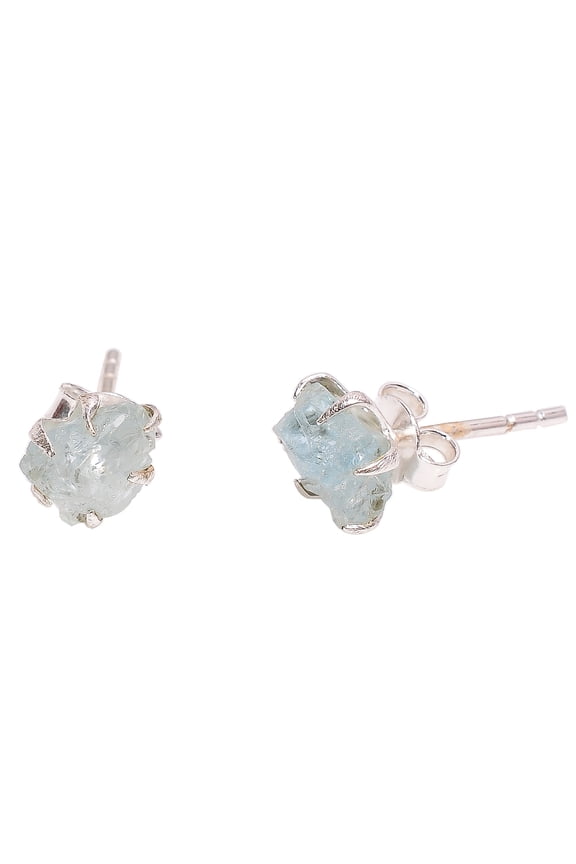 925 Sterling Silver Stud Earring for Women Natural Raw Aquamarine Gemstone Silver Stud Earrings