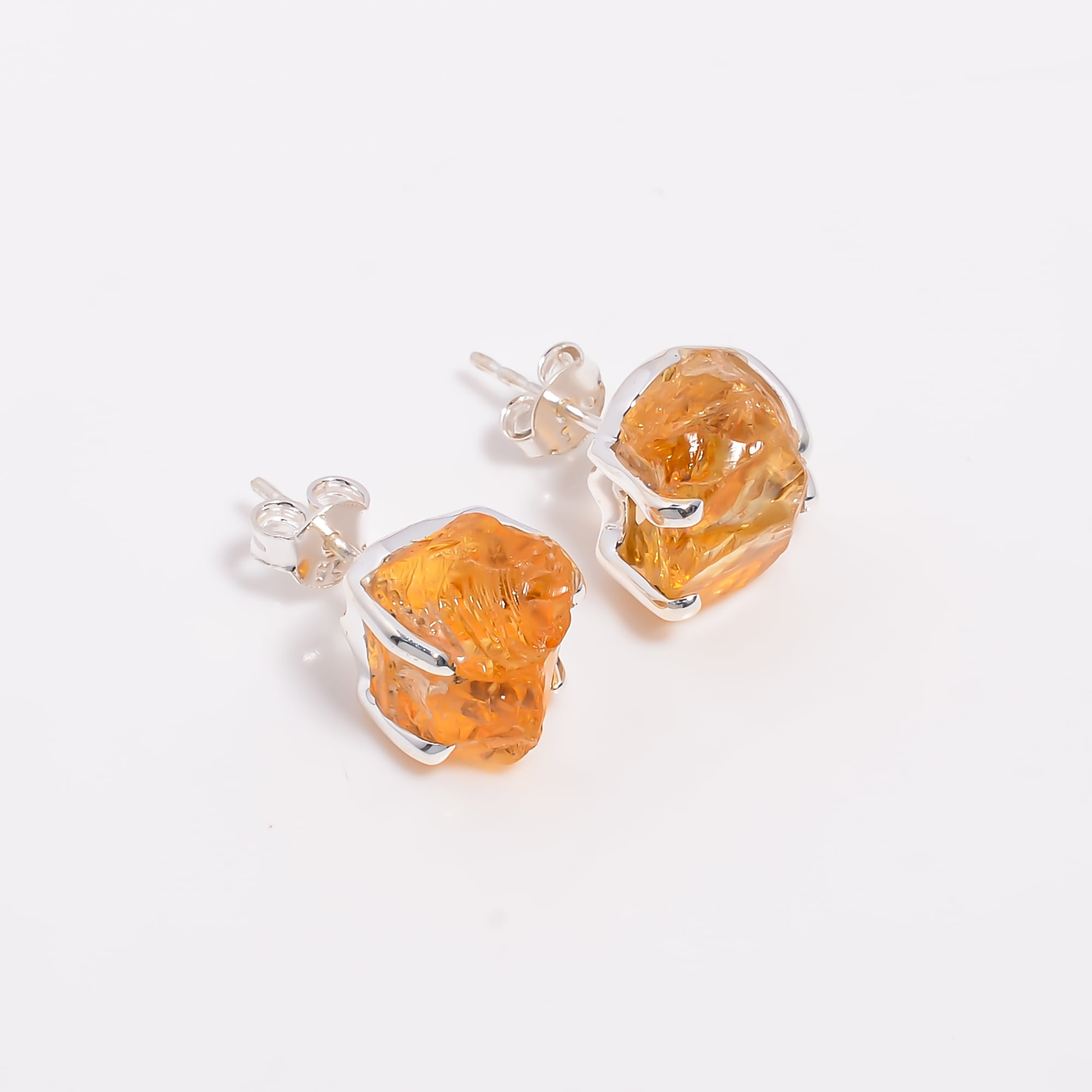 925 Sterling Silver Stud Earring for Women Natural Raw Citrine Gemstone Silver Stud Earrings