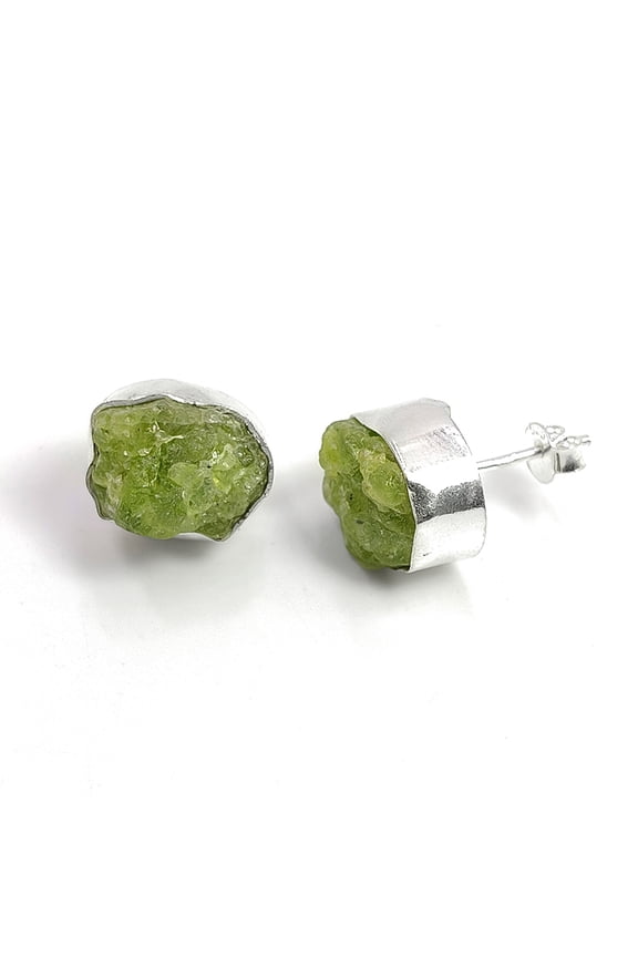 925 Sterling Silver Stud Earring for Women Natural Raw Peridot Gemstone Silver Stud Earrings