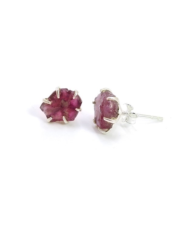 925 Sterling Silver Stud Earring for Women Ruby Raw Gemstone Silver Stud Earrings