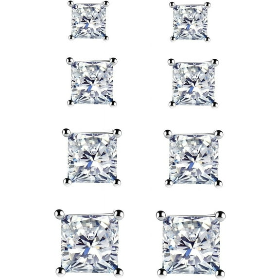 925 Sterling Silver Stud Earrings, 4 Pairs Square Cubic Zirconia Stud Earrings Set for Women Men 3 4 5 6mm