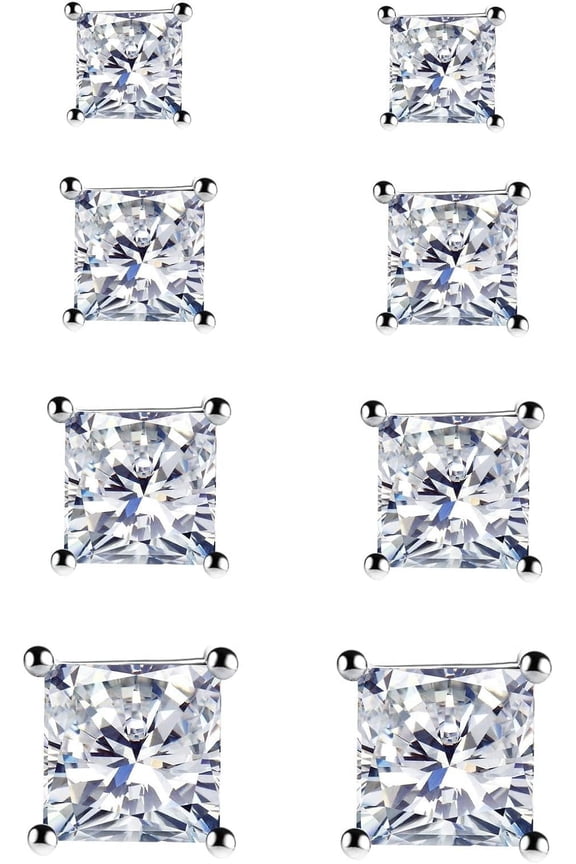 925 Sterling Silver Stud Earrings, 4 Pairs Square Cubic Zirconia Stud Earrings Set for Women Men 3 4 5 6mm