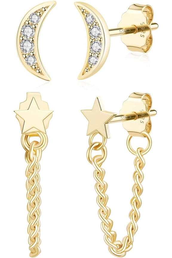 925 Sterling Silver Stud Earrings Simple Mini Bar Circle Dot Heart Star Lightning Bolt Stud Earrings 14K Gold Plated Cartilage Earrings Studs For Women Men Hypoallergenic Jewelry[Z3360]