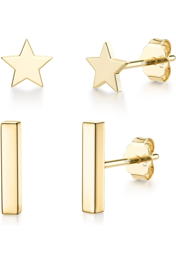925 Sterling Silver Stud Earrings Simple Mini Bar Circle Dot Heart Star Lightning Bolt Stud Earrings 14K Gold Plated Cartilage Earrings Studs For Women Men Hypoallergenic Jewelry[Z3376]