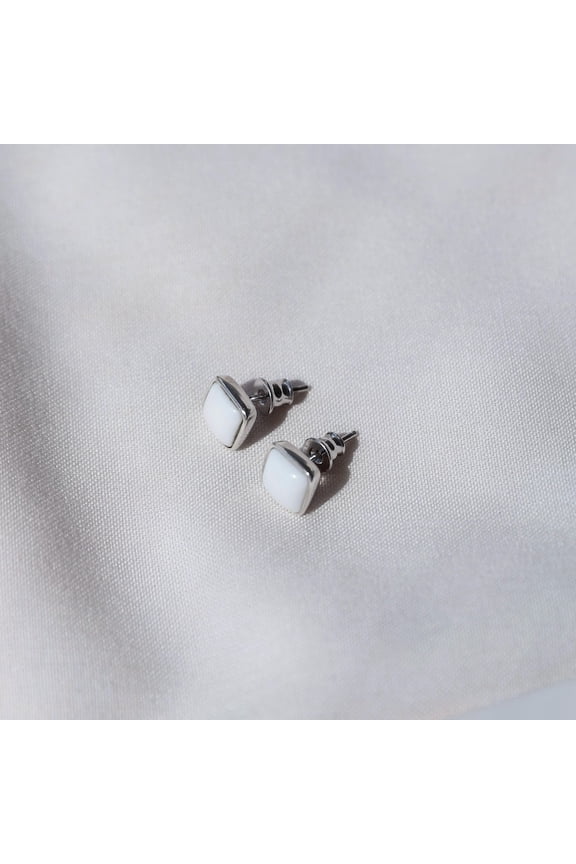 925 Sterling Silver Stud Earrings with Square Cacholong Insert: Handmade White Stone Jewelry