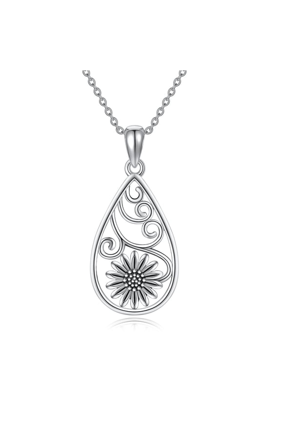 925 Sterling Silver Sunflower Necklace Teardrop Filigree Jewelry for Women Birthday
