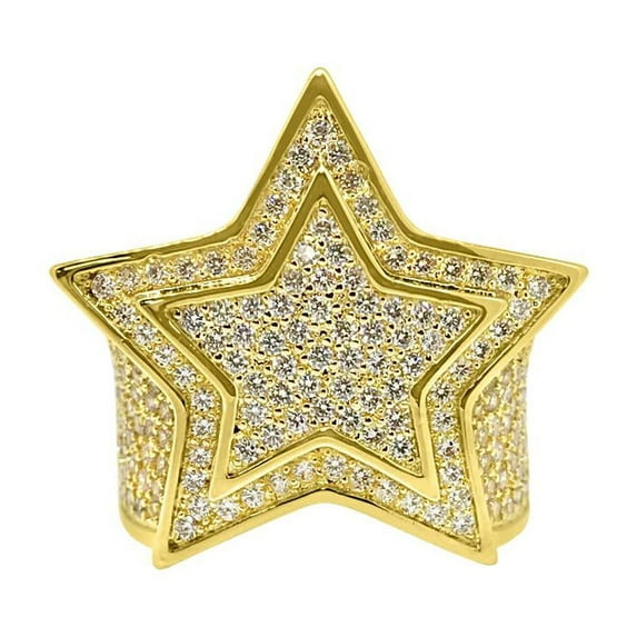 .925 Sterling Silver Super Star Gold CZ Bling Bling Ring