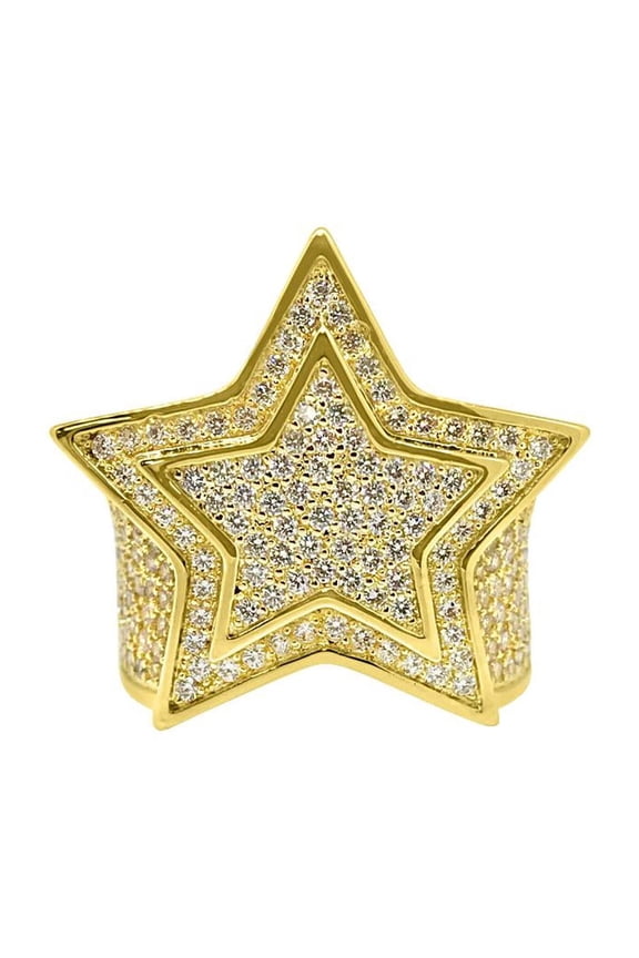 .925 Sterling Silver Super Star Gold CZ Bling Bling Ring