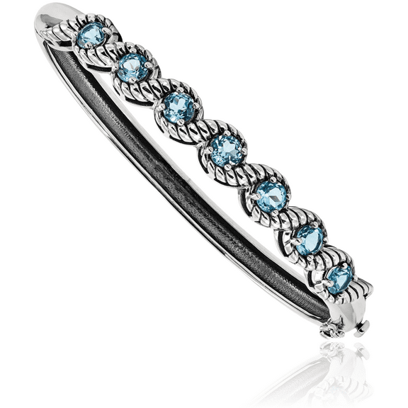 925 Sterling Silver Swiss Blue Topaz Gemstone Hinged Bangle Bracelet