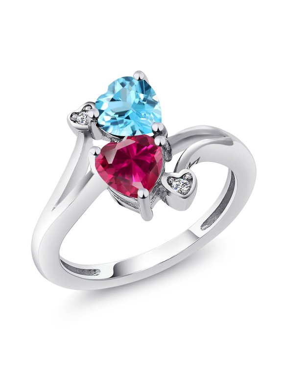 925 Sterling Silver Swiss Blue Topaz Red Created Ruby and White Lab Grown Diamond Ring for Women (1.94 Cttw, Heart Shape 6MM, Gemstone November Birthstone, Size 8)