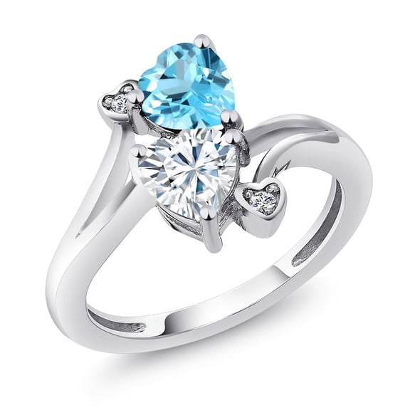 Gem Stone King 925 Sterling Silver Swiss Blue Topaz White Moissanite and White Lab Grown Diamond Ring for Women (1.78 Cttw, Heart Shape 6MM, Gemstone November Birthstone, Size 8)