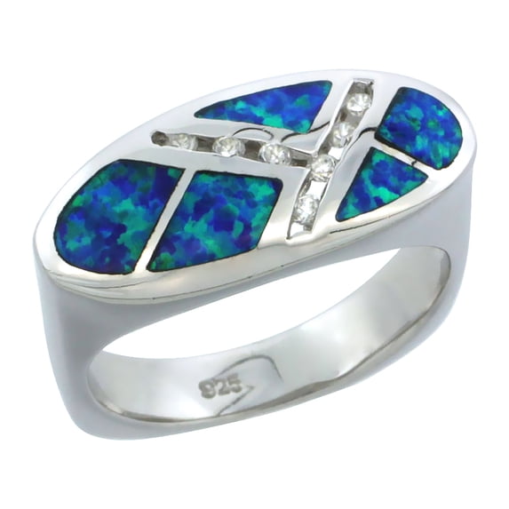 925 Sterling Silver Synthetic Blue Opal CZ Accent Flat Oval Ring 10mm