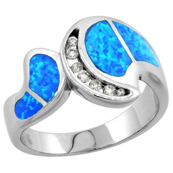 925 Sterling Silver Synthetic Blue Opal CZ Accent Wide Bypass Ring 12mm