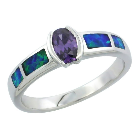 925 Sterling Silver Synthetic Blue Opal Oval Shape Amethyst CZ Band Ring 8mm