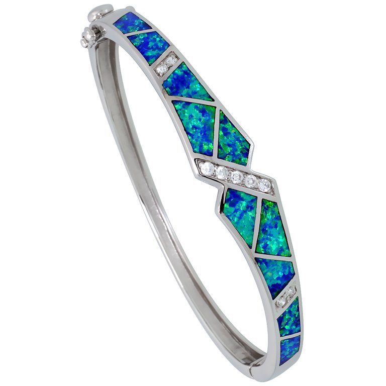 925 Sterling Silver Synthetic Opal High Quality CZ Bangle Bracelet 9mm