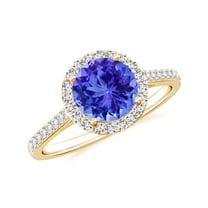 925 Sterling Silver Tanzanite Halo Ring, Moissanite Engagement Ring in Yellow Gold Plated| Round December Birthstone Wedding Ring, Birthday, Anniversary, Wedding Jewelry, Ring Size 5