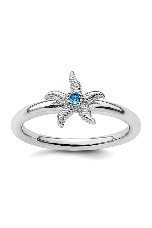 925 Sterling Silver Textured Polished Stackable Blue Topaz Sea shell Nautical Starfish Ring Size 7 Stackable Ring for Wo