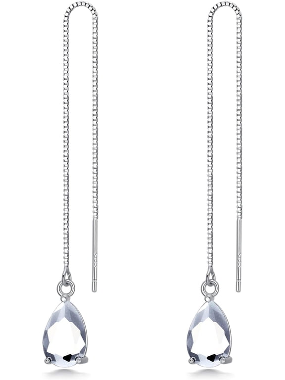925 Sterling Silver Threader Drop Long Box Chain Ear Line Earrings with 11 * 8mm Birthstone Crystals, Birthday Jewelry Gifts for Women