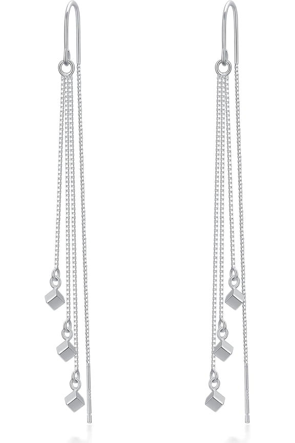 925 Sterling Silver Threader Earrings Tiny Cube Tassel Chain Dangle Drop Long Charm Earrings Jewelry Gifts for Women