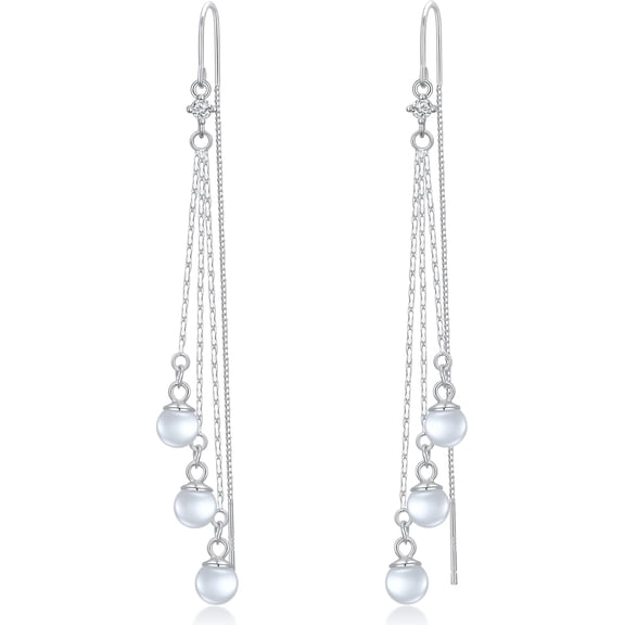 925 Sterling Silver Threader Earrings with Cubic Zirconia Glass Beads Tassel Drop Dangle Long Charm Earrings Jewelry for Women