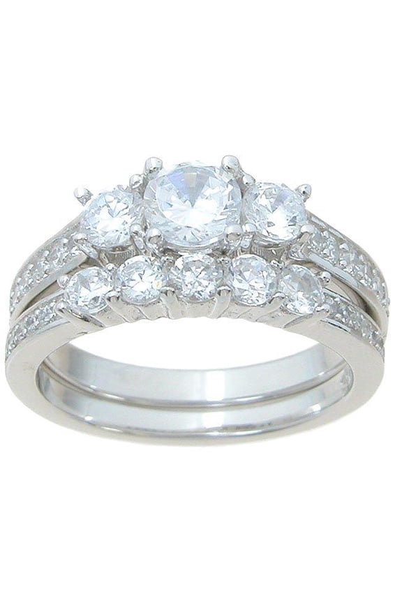 925 Sterling Silver Three Stone High Fashion Wedding Ring Set - Size 5