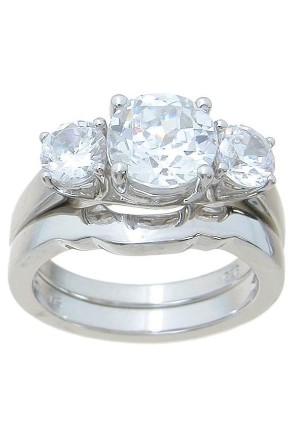 925 Sterling Silver Three Stone Wedding Ring Set - Size 5