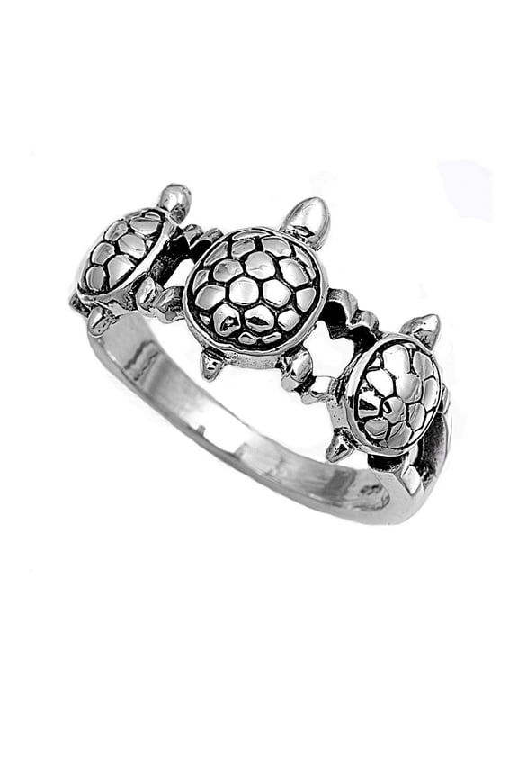 925 Sterling Silver Three Turtles Ring Size 9