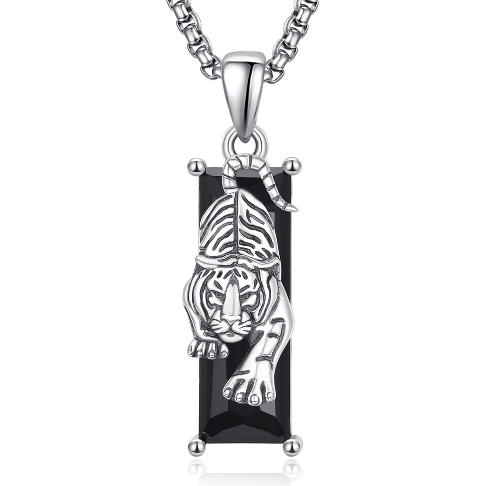 TANGPOET 925 Sterling Silver Tiger Necklace for Women Men Black Crytal Men Necklace Tiger Gifts