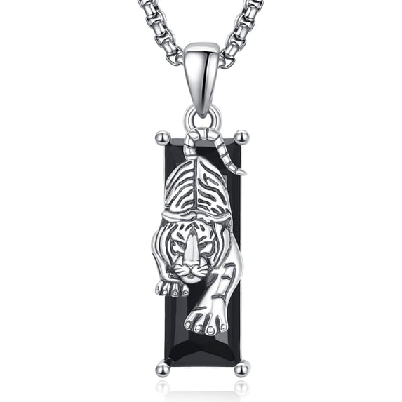 TANGPOET 925 Sterling Silver Tiger Necklace for Women Men Black Crytal Men Necklace Tiger Gifts
