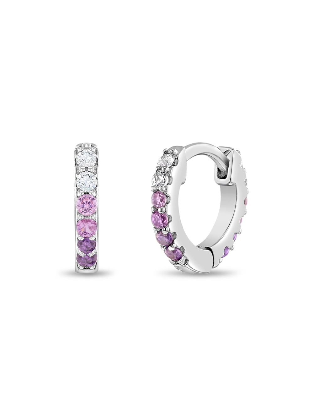 925 Sterling Silver Tiny 7mm Clear & Pink CZ Huggie Hoop Earrings for Girls
