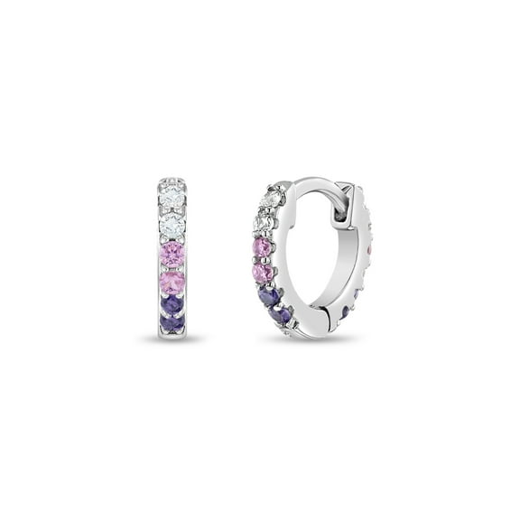 925 Sterling Silver Tiny 7mm Clear & Purple CZ Huggie Hoop Earrings for Girls