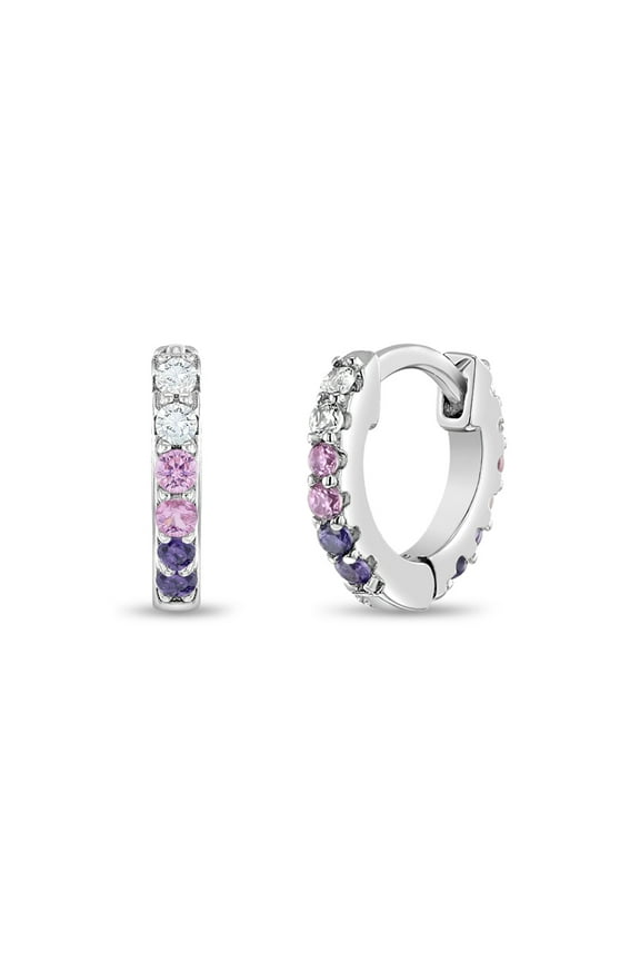 925 Sterling Silver Tiny 7mm Clear & Purple CZ Huggie Hoop Earrings for Girls