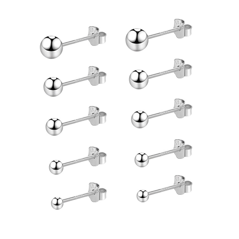 5 Pairs Set of 925 Sterling Silver, Hypoallergenic Tiny Stud Earrings for Multiple Piercings