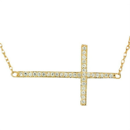 925 Sterling Silver-Tone Rose Gold-Tone Sideways Cross CZ Pendant Necklace