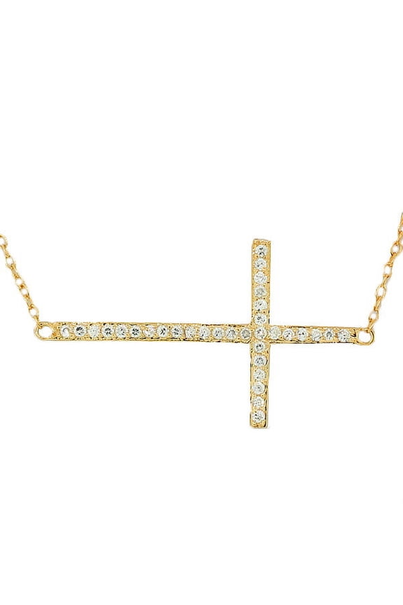 925 Sterling Silver-Tone Rose Gold-Tone Sideways Cross CZ Pendant Necklace