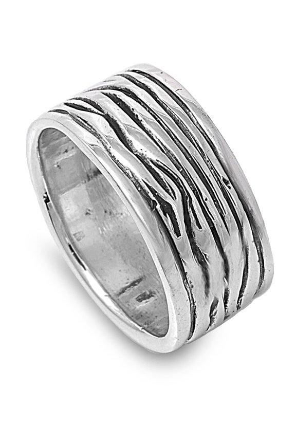 925 Sterling Silver Tree Trunk Linings Patterned Rows Ring Size 7