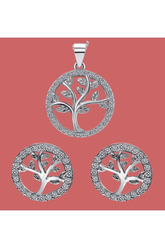 925 Sterling Silver Tree of Life Pendant Necklace and Earring Set Rhodium Plated, Italy, All Ages