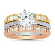 925 Sterling Silver Tri-Color Diamond CZ 3pc Stackable Ring Set