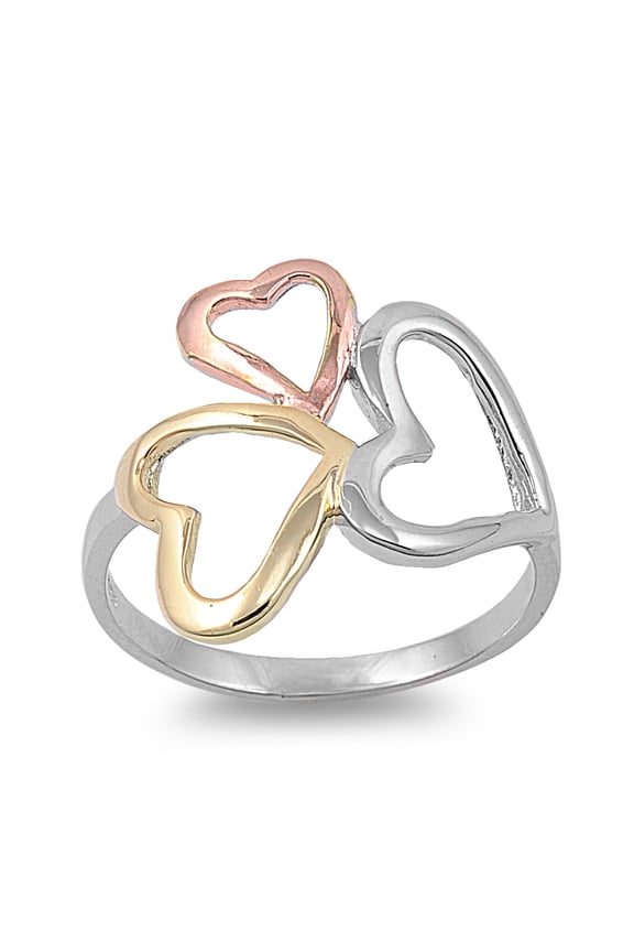 925 Sterling Silver Tri Color Hearts Ring Size 10
