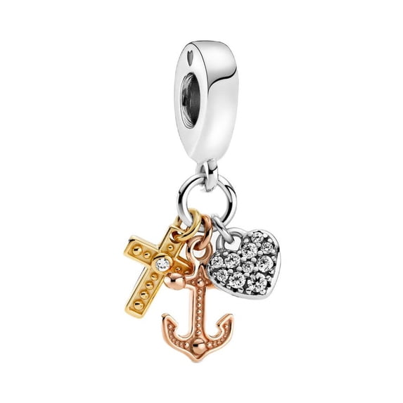 925 Sterling Silver Tri-Tone Heart Cross Anchor Dangle Charm for Bracelet Charms Bangle Pendant Jewelry