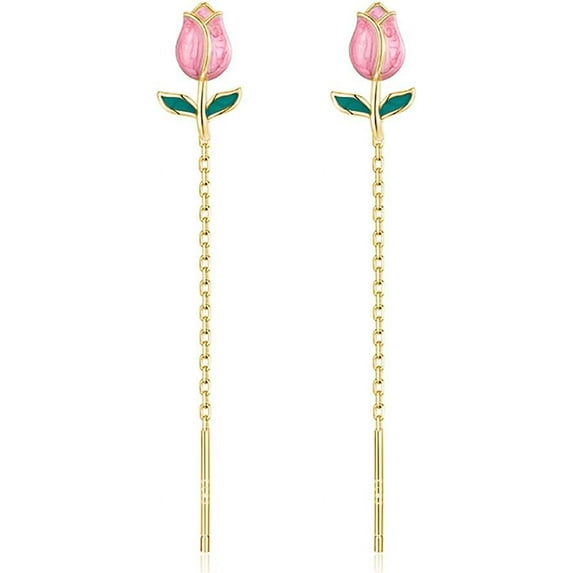 925 Sterling Silver Tulip Flower Dangle Earrings Chain for Women Teens Pink Flower Dangling Earrings Threader Tassel