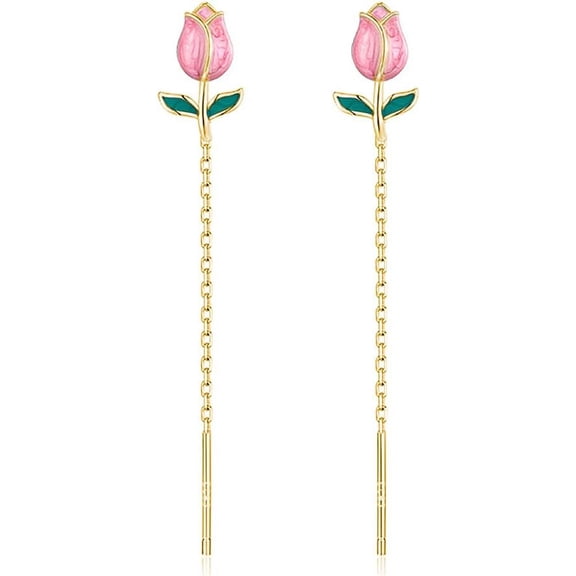 925 Sterling Silver Tulip Flower Dangle Earrings Chain for Women Teens Pink Flower Dangling Earrings Threader Tassel