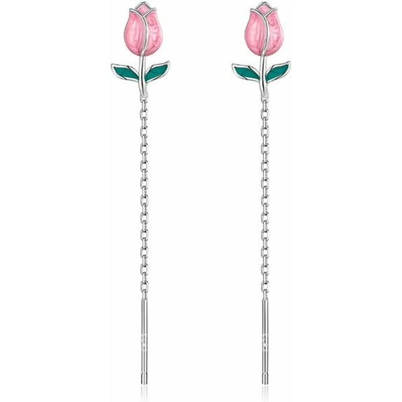 925 Sterling Silver Tulip Flower Dangle Earrings Chain for Women Teens Pink Flower Dangling Earrings Threader Tassel