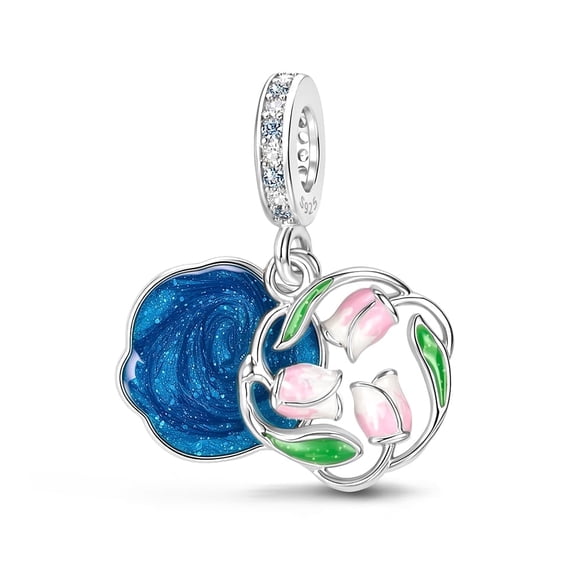925 Sterling Silver Tulip Starry Sky Double Dangle Charm for Bracelet Charms Bangle Pendant Jewelry
