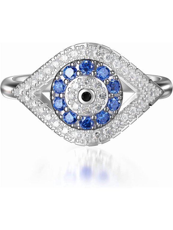 925 Sterling Silver Turkish Evil Eye Rings for Women, Cubic Zirconia Evil Eye Signet Ring Mother Day Jewelry Protection Lucky Gift Size 3-12