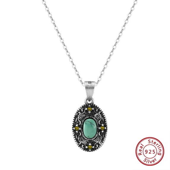 925 Sterling Silver Turquoise Pendant Necklace for Women, Oxidized Silver Vintage Oval Charm Jewelry, Southwestern Boho Style Handmade Necklace, Birthday Anniversary Christmas Gift for Her