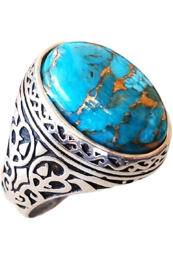 925 Sterling Silver Turquoise Ring Fashion Vintage Totem Ring Boho Style Ring for Women and Men Halloween Party Daily Gift