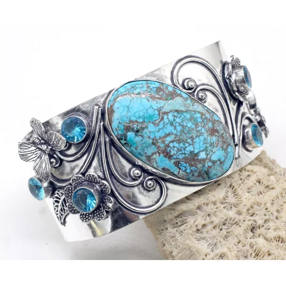 925 Sterling Silver Turquoise & Topaz Gemstone Jewelry Cuff Bracelet S-ADJ