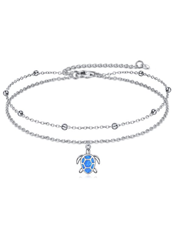 925 Sterling Silver Turtle Anklet Dauble Chain Jewelry Brithday Gifts for Women (Sea Turtle)