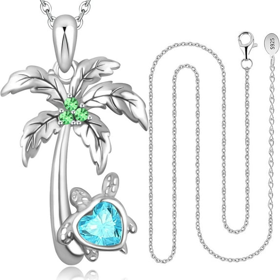 925 Sterling Silver Turtle Necklaces con Shining Blue Heart-Jewelry Beach Necklace with Sea Turtle Embedded with Birthstone and Coconut Tree for Women